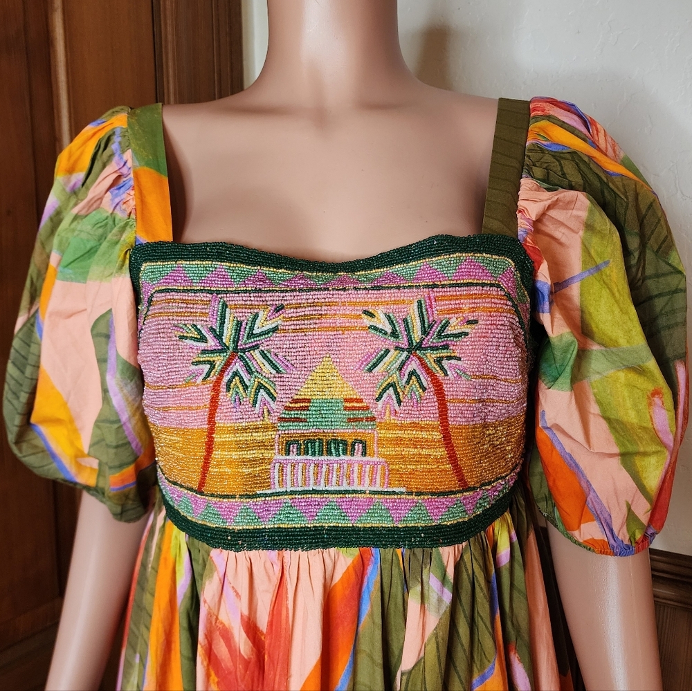 NWOT Farm Rio Pink Garden Beaded Midi Dress Medium